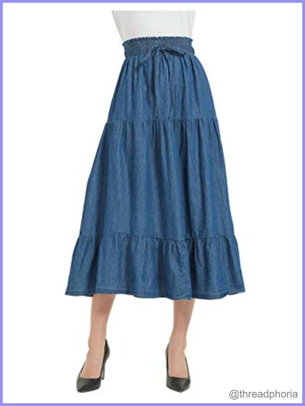 Cotton Gingham Denim Tiered Midi A-Line Skirt Drawstring